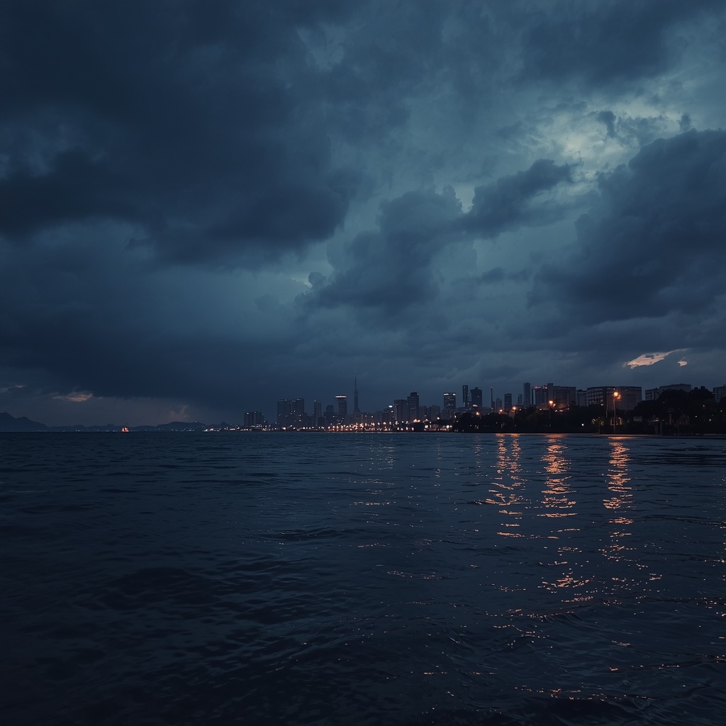 Coastal city skyline at dusk with storm clouds gathering and rising floodwater reflecting orange street lights, moody cinematic composition, photorealistic