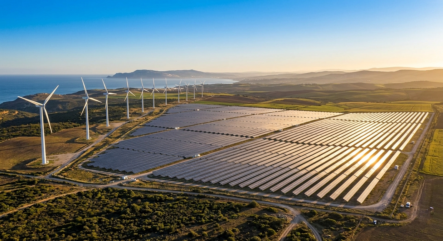 Expansive field of gleaming solar panels beside white wind turbines under a clear bright blue sky, golden late afternoon light, photorealistic wide shot